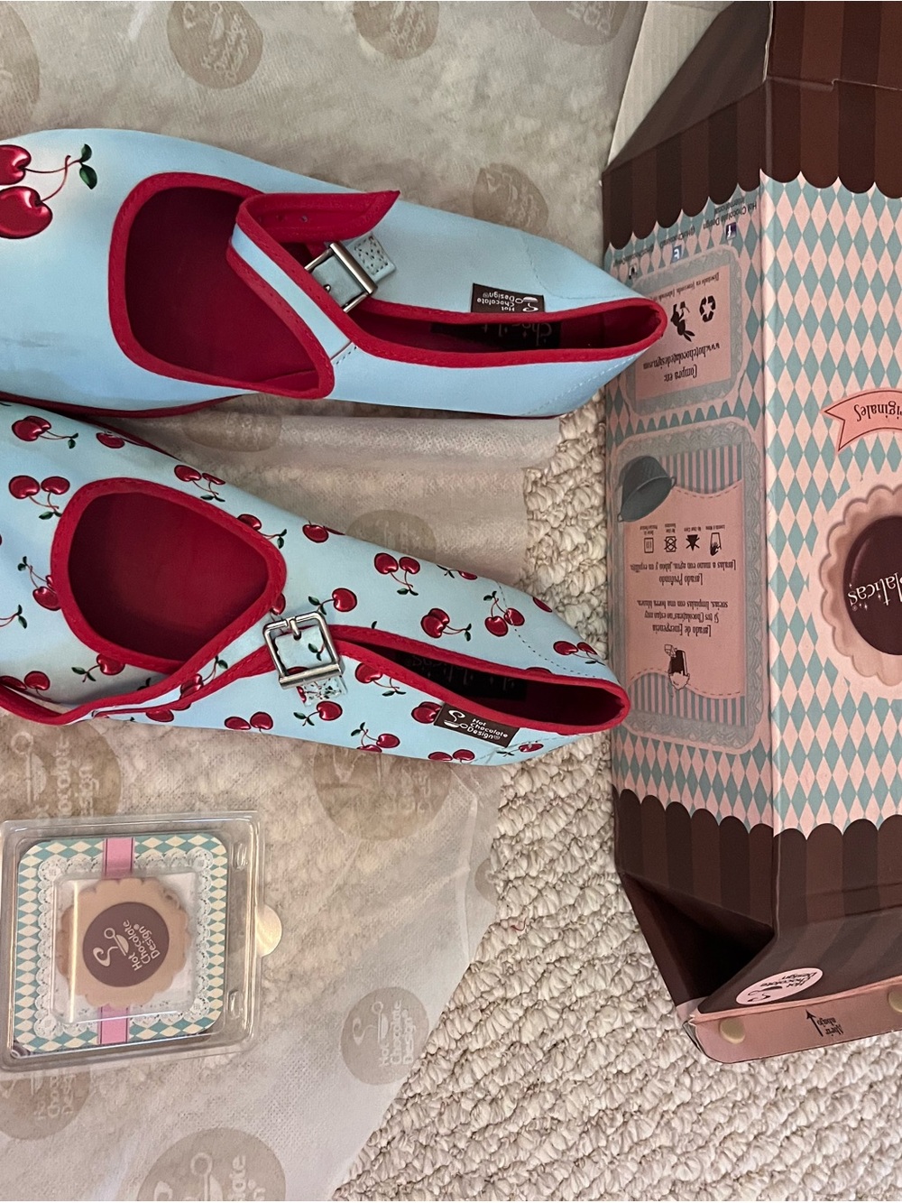 Cherry Print Mary Jane Dress Shoes - Light Blue & Red - Picture 3 of 3